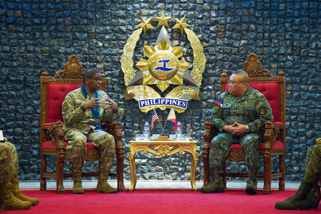 Air Force Gen. Randall Reed, commander of U.S. Transportation Command, meets with Lt. Gen. Jimmy Larida, deputy chief of staff of the Armed Forces of the Philippines, Manila, Philippines, June 5, 2025.