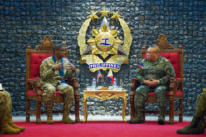 Air Force Gen. Randall Reed, commander of U.S. Transportation Command, meets with Lt. Gen. Jimmy Larida, deputy chief of staff of the Armed Forces of the Philippines, Manila, Philippines, June 5, 2025.