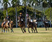 Polo players from the Honolulu Polo Club play polo on June 08, 2025, at Fort Shafter, Hawaii. U.S. Army Pacific hosted the polo match on historic Palm Circle in celebration of the Army's 250th birthday.