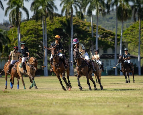 Polo players from the Honolulu Polo Club play polo on June 08, 2025, at Fort Shafter, Hawaii. U.S. Army Pacific hosted the polo match on historic Palm Circle in celebration of the Army's 250th birthday.