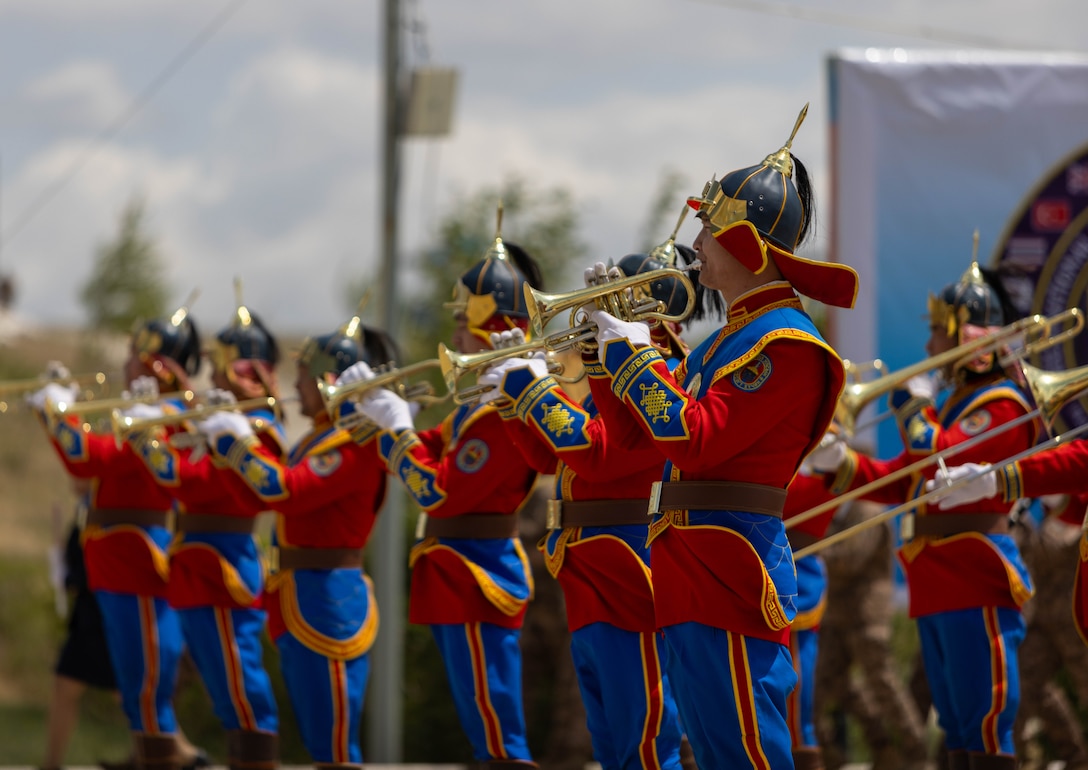Armed Forces of Mongolia service members assigned to the Military Band of the General Staff play music during the opening ceremony of Khaan Quest 2025 on June 14, 2025, at Five Hills Training Area, Mongolia.