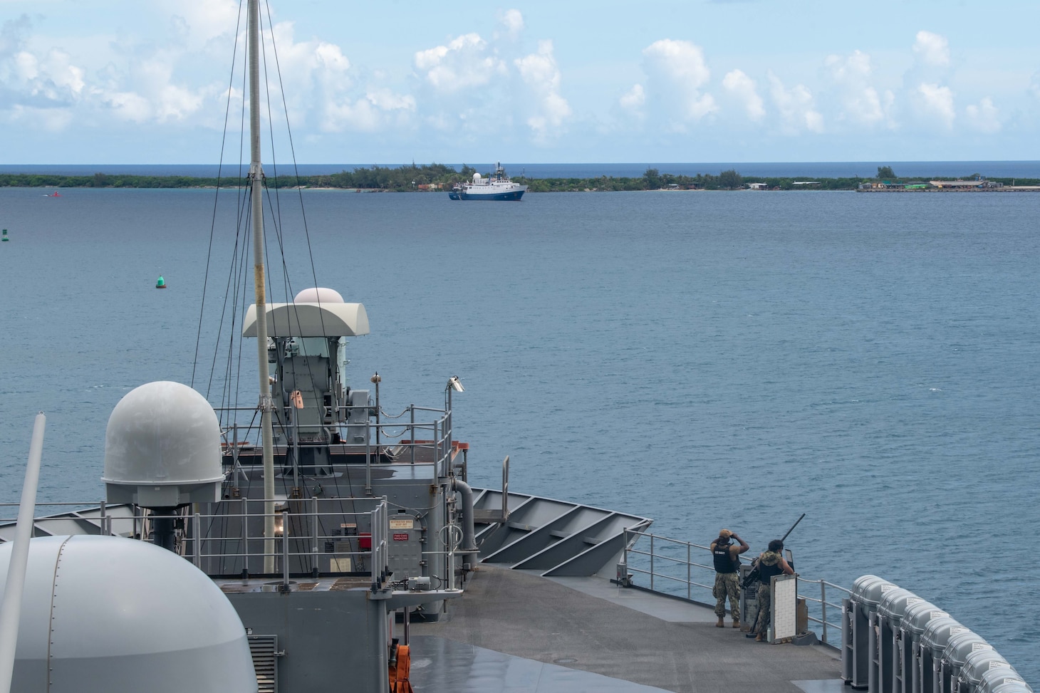 APRA HARBOR, Guam (June 17, 2025) - U.S. 7th Fleet flagship USS Blue Ridge (LCC 19) departs Naval Base Guam, June 17, 2025. The Blue Ridge and embarked U.S. 7th Fleet staff conduct regular Indo-Pacific patrols to deter aggression, strengthen alliances and partnerships, and advance future warfighting capabilities. (U.S. Navy photo by Mass Communication Specialist Seaman Andres Fonts)