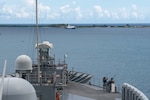 APRA HARBOR, Guam (June 17, 2025) - U.S. 7th Fleet flagship USS Blue Ridge (LCC 19) departs Naval Base Guam, June 17, 2025. The Blue Ridge and embarked U.S. 7th Fleet staff conduct regular Indo-Pacific patrols to deter aggression, strengthen alliances and partnerships, and advance future warfighting capabilities. (U.S. Navy photo by Mass Communication Specialist Seaman Andres Fonts)