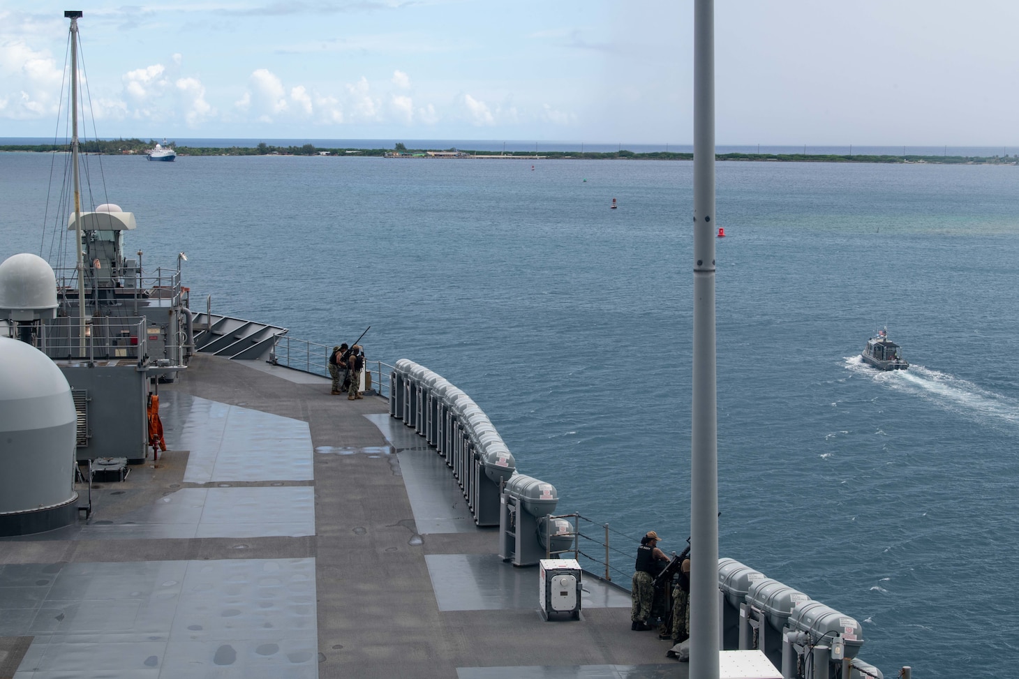 APRA HARBOR, Guam (June 17, 2025) - U.S. 7th Fleet flagship USS Blue Ridge (LCC 19) departs Naval Base Guam, June 17, 2025. The Blue Ridge and embarked U.S. 7th Fleet staff conduct regular Indo-Pacific patrols to deter aggression, strengthen alliances and partnerships, and advance future warfighting capabilities. (U.S. Navy photo by Mass Communication Specialist Seaman Andres Fonts)