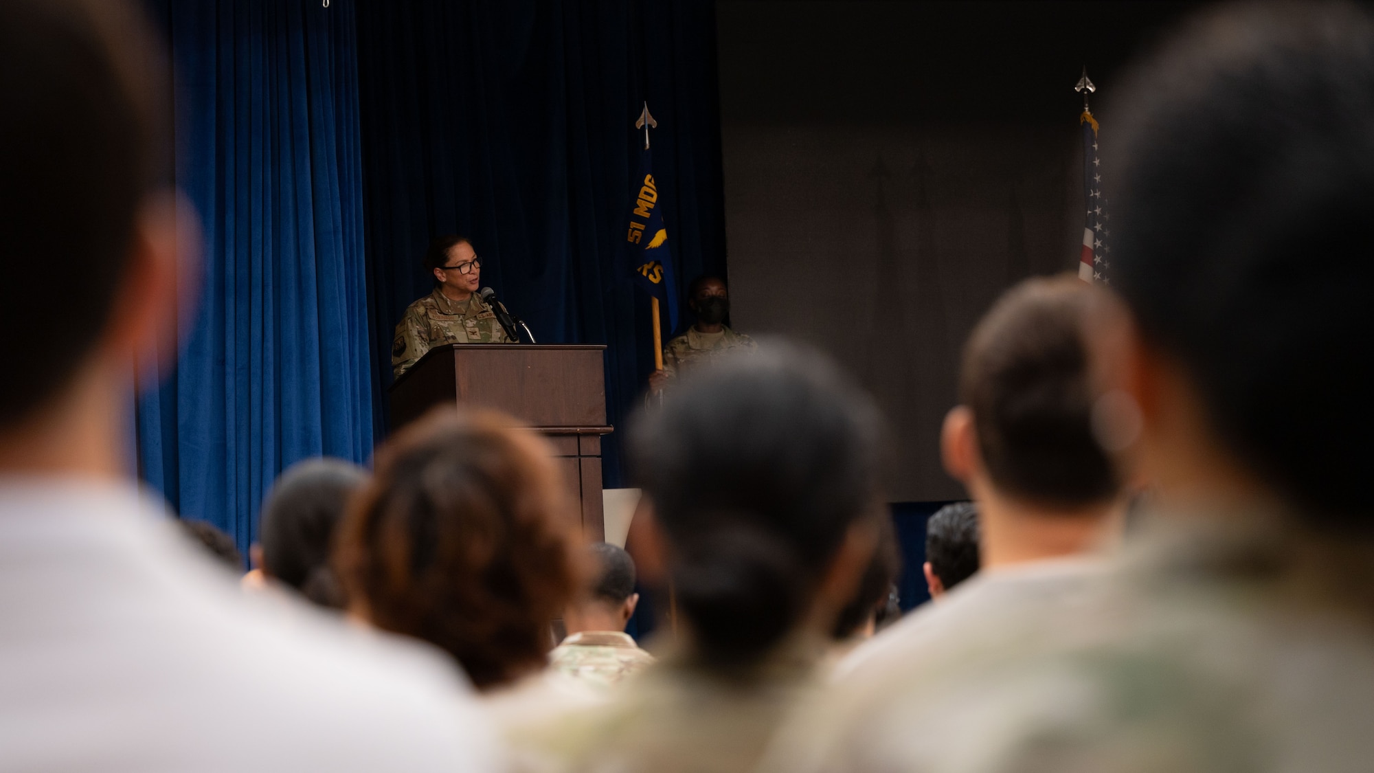 U.S. Air Force Col. Mocha Robinson, 51st Medical Group commander, delivers remarks during the 51st Operational Medical Readiness Squadron’s Change of Command ceremony at Osan Air Base, Republic of Korea, June 17, 2025. The 51st OMRS provides aggressive prevention, concerted vigilance to human performance threats, and prepares to maintain health in a contingency environment. (U.S. Air Force photo by Senior Airman Rome Bowermaster)