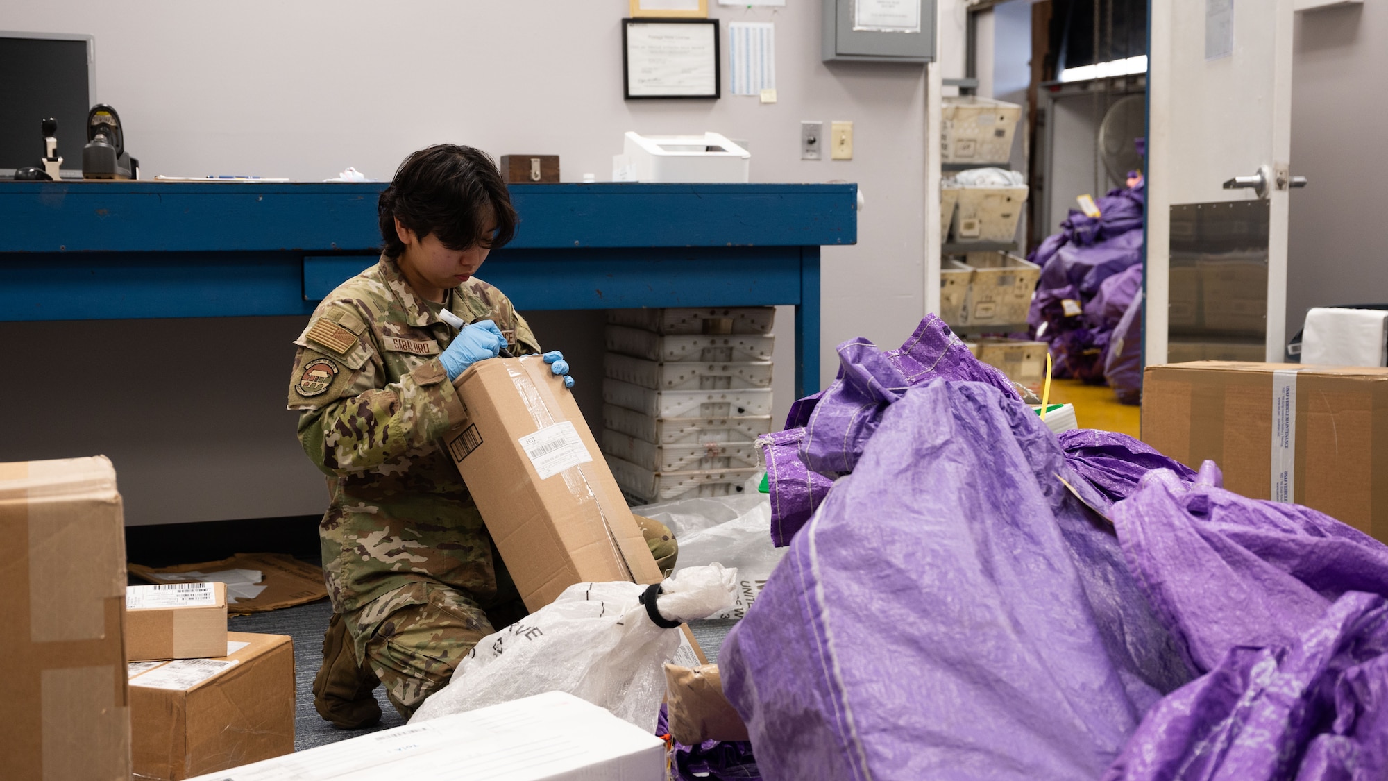 U.S. Air Force Airman 1st Class Angel Sabaloro, 51st Force Support Squadron military postal clerk, sorts official mail at Osan Air Base, Republic of Korea, June 16, 2025. Sabaloro ensures official mail is being tracked and delivered to the appropriate units. (U.S. Air Force photo by Senior Airman Rome Bowermaster)