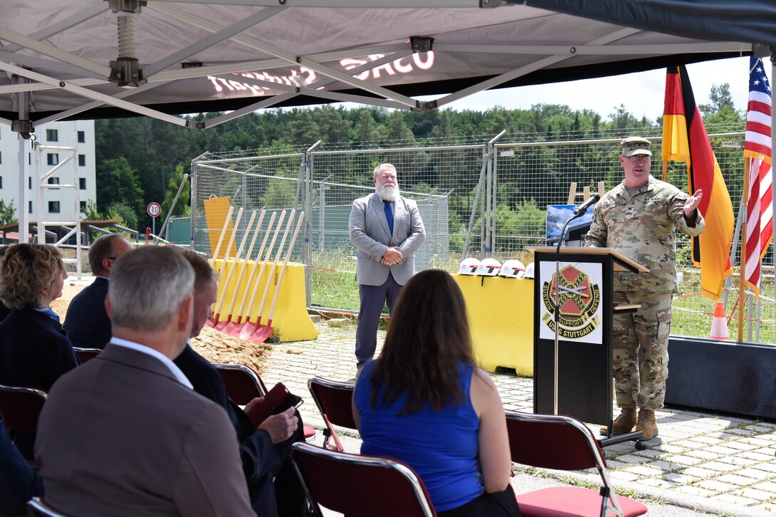 commander speaking from podium