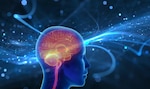 Illustration of a human head in profile with a glowing brain highlighted in red and orange, set against a futuristic blue digital background representing neural activity and data flow.