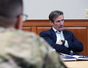 Dr. Bryan Tipton receives a brief on the current state of the Architecture and Systems Engineering Division, May 12, 2025, here. The ASE is part of the Department of the Air Force’s Program Executive Office for Command, Control, Communications and Battle Management. Tipton is C3BM’s chief of architecture and engineering. He is responsible for ensuring the technical integrity of the DAF BATTLE NETWORK ― the integrated system-of-systems connecting sensor, effector, and logistics systems providing better situational awareness, faster operational decisions, and decisive direction to the force ― and for overseeing the engineering of all acquisition programs inside C3BM.