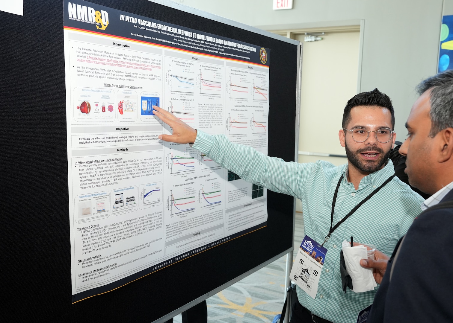 SAN ANTONIO – (June 16, 2025) – Juan Curbelo, a research associate assigned to NAMRU San Antonio’s Cellular and Immune Based Adjuncts (CIBACC) Department, presented research titled, “In Vitro Vascular Endothelial Response to Novel Whole Blood Analogue for Resuscitation” at the annual AIM Health R&D Summit held at the Henry B. Gonzalez Convention Center. Designed to promote cross-sector collaboration in the development of life-saving battlefield technologies, the one-day summit brings together top innovators from academia, industry, and the military to accelerate the research, development, and commercialization of transformative medical technologies. CIBACC, a subordinate department under the Combat Casualty Care and Operational Medicine directorate, conducts research on stem cell and immune based therapeutics intended to improve war fighter outcomes and survival. Collaborating and working alongside a wide range of research and development partners keeps Navy Medicine Research & Development (NMR&D) abreast of best practices and advances in medical knowledge. NAMRU San Antonio, part of NMR&D conducts gap-driven combat casualty care, craniofacial, and directed energy research in support of Navy, Marine Corps and joint U.S. warfighter health readiness and lethality while engaged in routine and expeditionary operations. (U.S. Navy photo by Burrell Parmer, NAMRU San Antonio Public Affairs/Released)