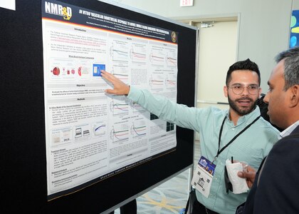 SAN ANTONIO – (June 16, 2025) – Juan Curbelo, a research associate assigned to NAMRU San Antonio’s Cellular and Immune Based Adjuncts (CIBACC) Department, presented research titled, “In Vitro Vascular Endothelial Response to Novel Whole Blood Analogue for Resuscitation” at the annual AIM Health R&D Summit held at the Henry B. Gonzalez Convention Center. Designed to promote cross-sector collaboration in the development of life-saving battlefield technologies, the one-day summit brings together top innovators from academia, industry, and the military to accelerate the research, development, and commercialization of transformative medical technologies. CIBACC, a subordinate department under the Combat Casualty Care and Operational Medicine directorate, conducts research on stem cell and immune based therapeutics intended to improve war fighter outcomes and survival. Collaborating and working alongside a wide range of research and development partners keeps Navy Medicine Research & Development (NMR&D) abreast of best practices and advances in medical knowledge. NAMRU San Antonio, part of NMR&D conducts gap-driven combat casualty care, craniofacial, and directed energy research in support of Navy, Marine Corps and joint U.S. warfighter health readiness and lethality while engaged in routine and expeditionary operations. (U.S. Navy photo by Burrell Parmer, NAMRU San Antonio Public Affairs/Released)