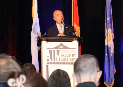 SAN ANTONIO – (June 16, 2025) – Retired U.S. Air Force Lt. Gen. Robert Miller, associate vice president and director of the Military Health Institute at the University of Texas Health Science Center San Antonio was the keynote speaker at the annual AIM Health R&D Summit held at the Henry B. Gonzalez Convention Center. Designed to promote cross-sector collaboration in the development of life-saving battlefield technologies, the one-day summit brings together top innovators from academia, industry, and the military to accelerate the research, development, and commercialization of transformative medical technologies. Collaborating and working alongside a wide range of research and development partners keeps Navy Medicine Research & Development (NMR&D) abreast of best practices and advances in medical knowledge. NAMRU San Antonio, part of NMR&D conducts gap-driven combat casualty care, craniofacial, and directed energy research in support of Navy, Marine Corps and joint U.S. warfighter health readiness and lethality while engaged in routine and expeditionary operations. (U.S. Navy photo by Burrell Parmer, NAMRU San Antonio Public Affairs/Released)