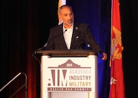 SAN ANTONIO – (June 16, 2025) – Rene Dominguez, president and CEO of VelocityTX welcomes military, academic, and industry partners and guest to the annual AIM Health R&D Summit held at the Henry B. Gonzalez Convention Center. Designed to promote cross-sector collaboration in the development of life-saving battlefield technologies, the one-day summit brings together top innovators from academia, industry, and the military to accelerate the research, development, and commercialization of transformative medical technologies. Collaborating and working alongside a wide range of research and development partners keeps Navy Medicine Research & Development (NMR&D) abreast of best practices and advances in medical knowledge. NAMRU San Antonio, part of NMR&D conducts gap-driven combat casualty care, craniofacial, and directed energy research in support of Navy, Marine Corps and joint U.S. warfighter health readiness and lethality while engaged in routine and expeditionary operations. (U.S. Navy photo by Burrell Parmer, NAMRU San Antonio Public Affairs/Released)
