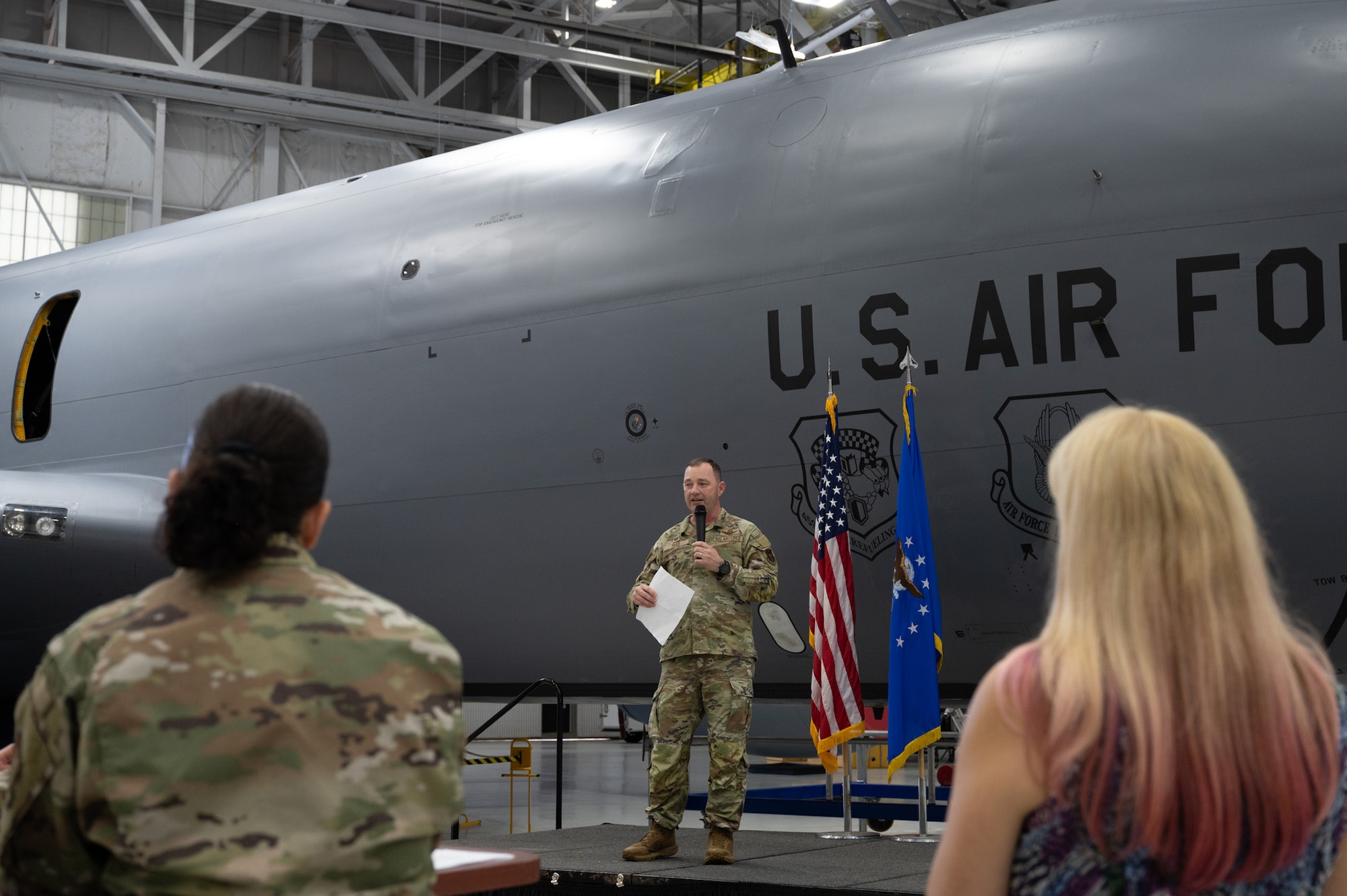 Col. Corey Reed, 459th Air Refueling Wing Commander, gives farewell message to members of the 459th Air Refueling Wing. (U.S. Air Force photo by Senior Airman Alexcia Givens)