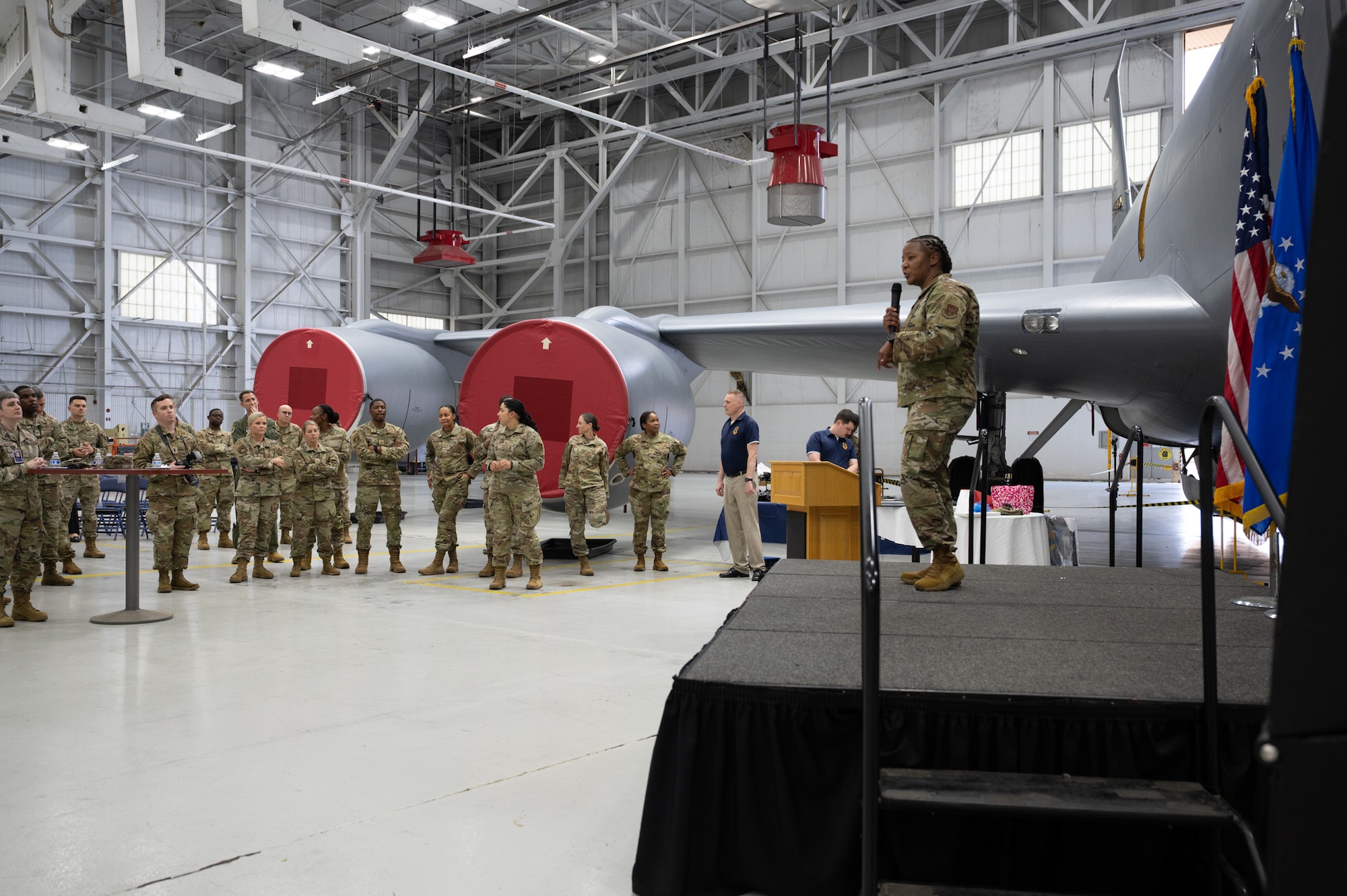 Chief Master Sgt. Sharese Junious, 459th Command Chief Master Sgt., gives farewell message to members of the 459th Air Refueling Wing. (U.S. Air Force photo by Senior Airman Alexcia Givens)