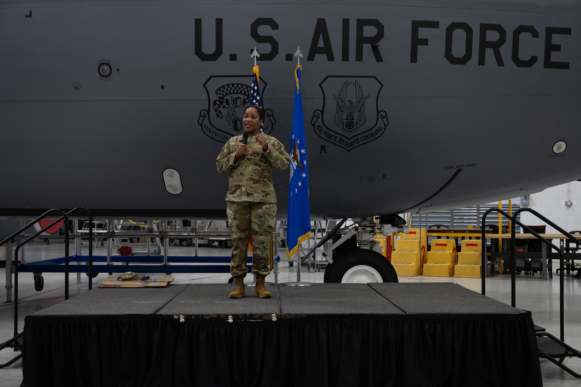 Col. Vianesa Vargas, 459th Mission Support Group Commander, gives farewell message to members of the 459th Air Refueling Wing. (U.S. Air Force photo by Senior Airman Alexcia Givens)