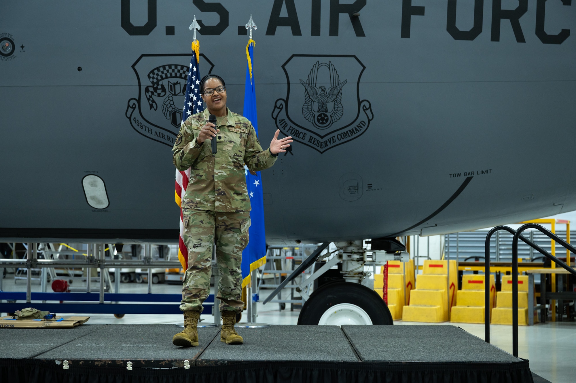 Lt. Col. Renette Hilton, 459th Force Support Squadron Commander, gives farewell message to members of the 459th Air Refueling Wing. (U.S. Air Force photo by Senior Airman Alexcia Givens)