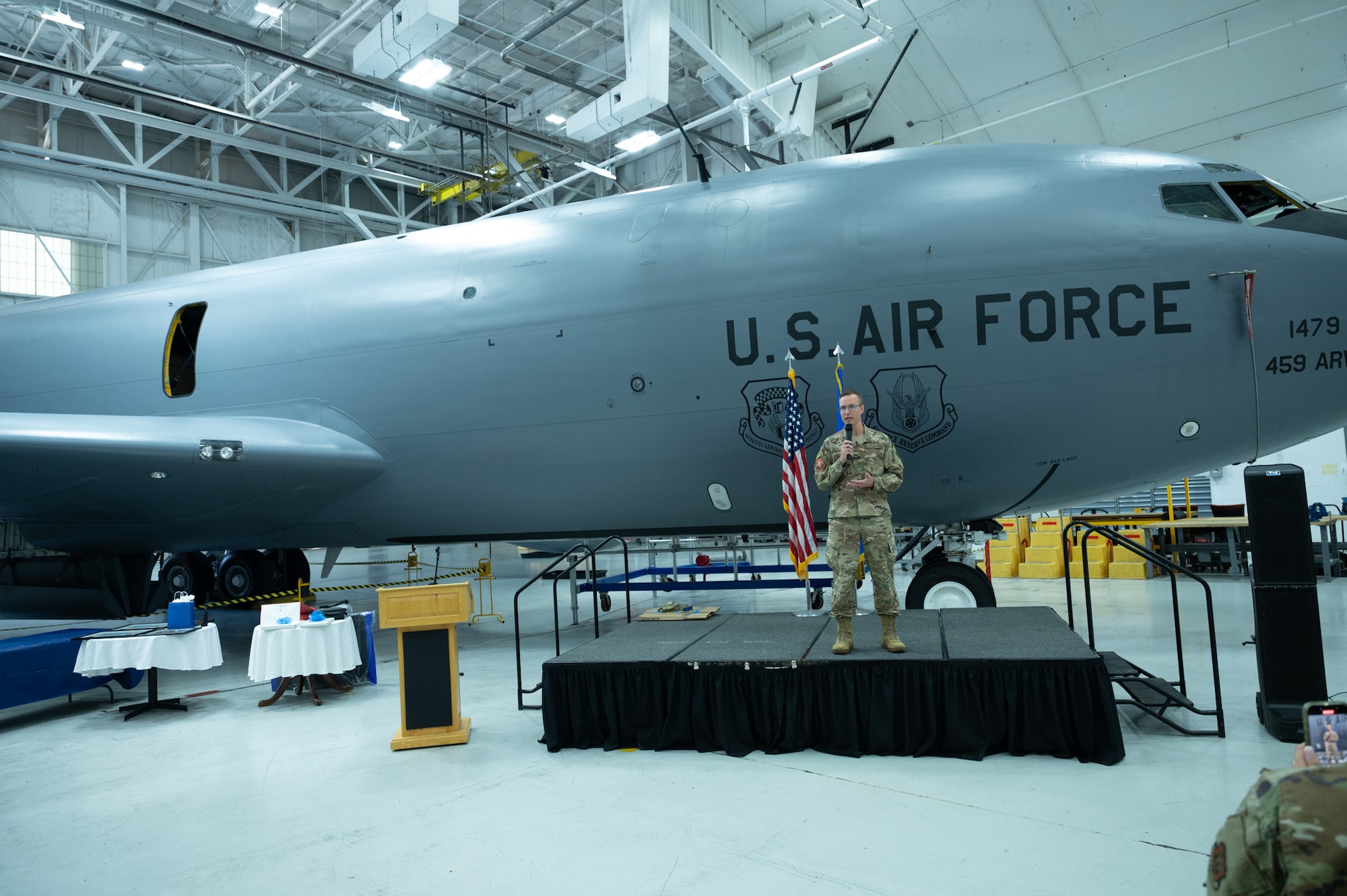 Col. Josh McConkey, 459th Aeromedical Staging Squadron Commander, gives farewell message to members of the 459th Air Refueling Wing. (U.S. Air Force photo by Senior Airman Alexcia Givens)