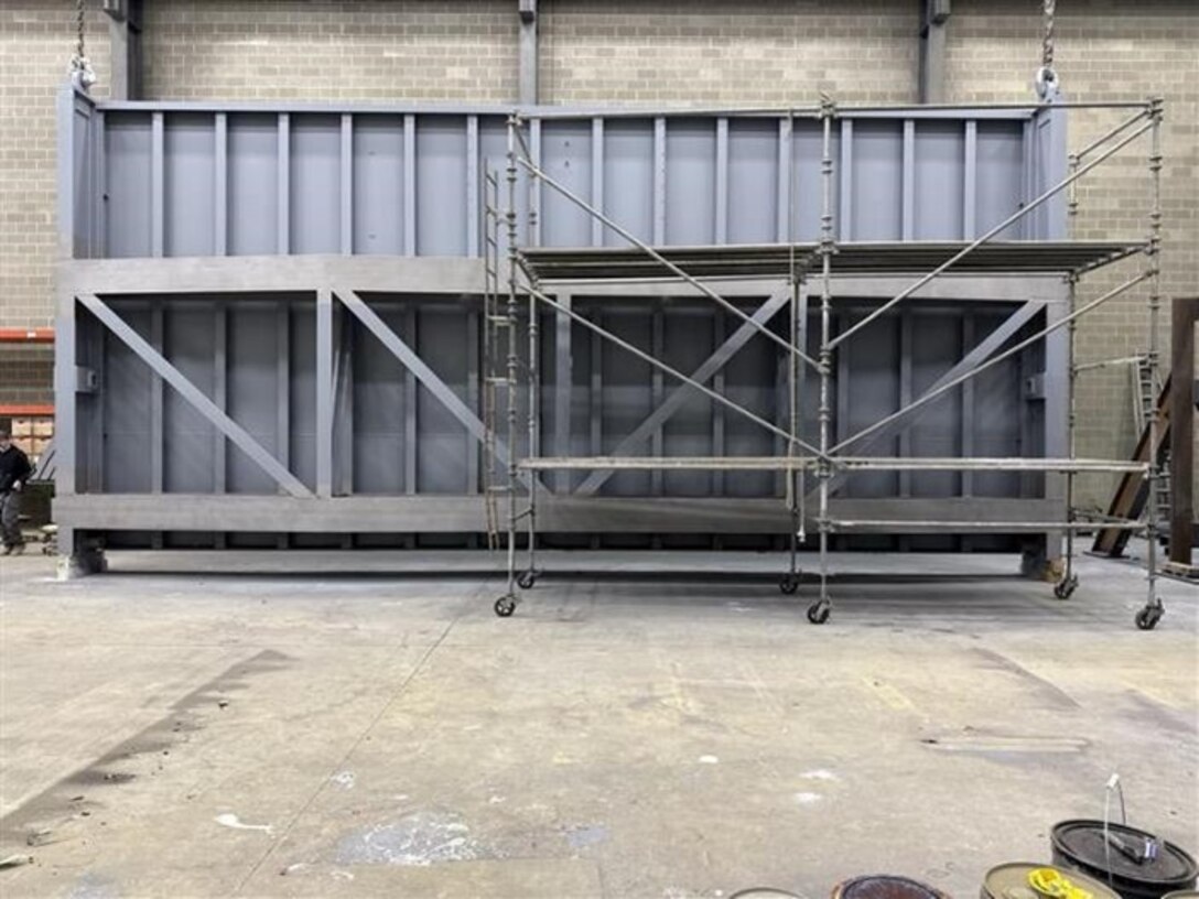A partially painted Gate 3, prepared to U.S. Army Corps of Engineers’ specifications, is placed ready for its return to Albeni Falls Dam, Oldtown, Idaho, for fiber reinforced polymer (FRP) application onsite anticipated to begin in the summer 2025, before its anticipated reinstallation and return to service in August 2025.