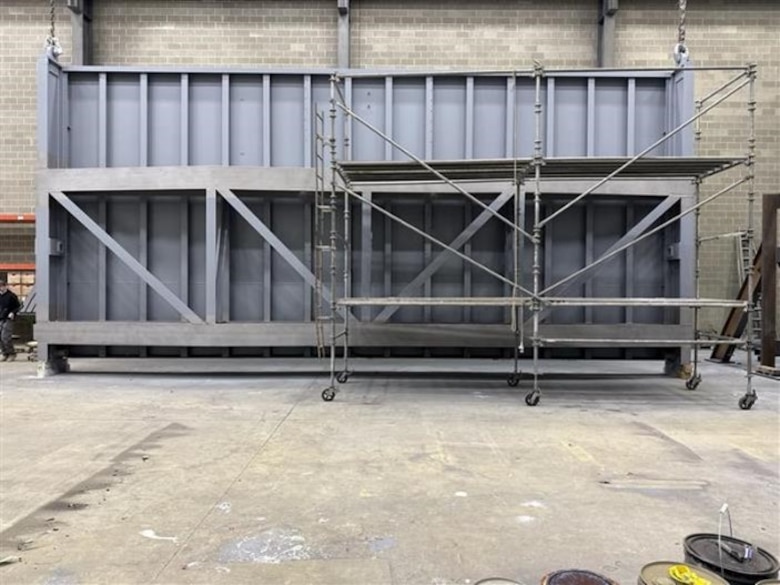 A partially painted Gate 3, prepared to U.S. Army Corps of Engineers’ specifications, is placed ready for its return to Albeni Falls Dam, Oldtown, Idaho, for fiber reinforced polymer (FRP) application onsite anticipated to begin in the summer 2025, before its anticipated reinstallation and return to service in August 2025.