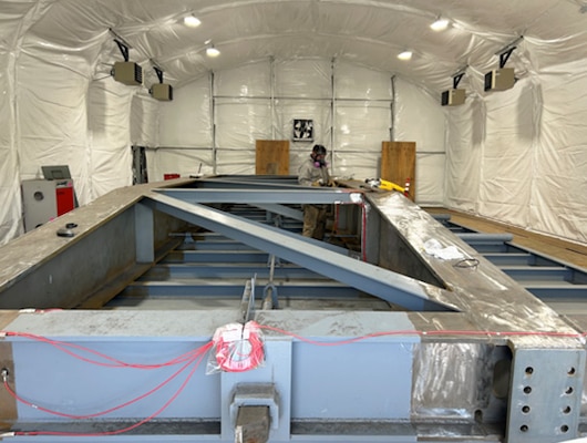Interior of the containment shelter that houses Gate 3 after its return to Albeni Falls Dam, Oldtown, Idaho, May 12, 2025. The gate is currently being outfitted with strain gauges and temperature probes that will help monitor the condition of the gate and repair. Gate 3 is projected to return to service in August 2025.