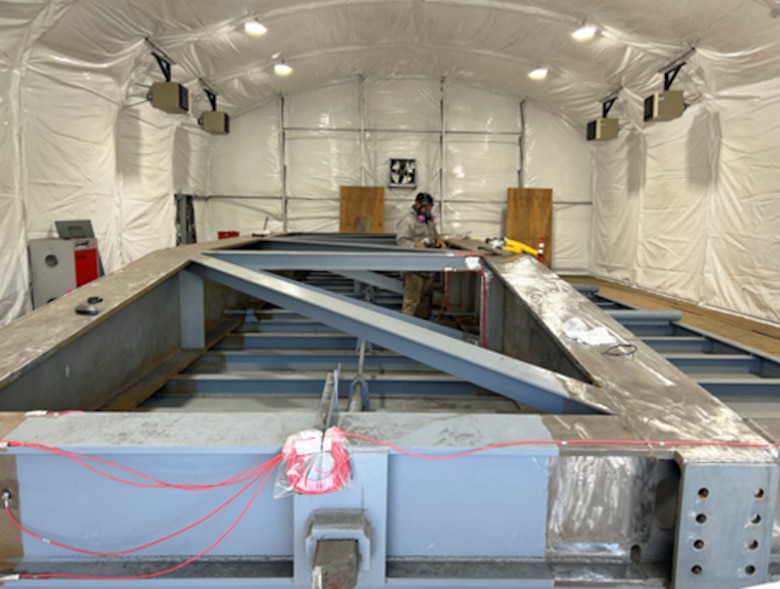 Interior of the containment shelter that houses Gate 3 after its return to Albeni Falls Dam, Oldtown, Idaho, May 12, 2025. The gate is currently being outfitted with strain gauges and temperature probes that will help monitor the condition of the gate and repair. Gate 3 is projected to return to service in August 2025.
