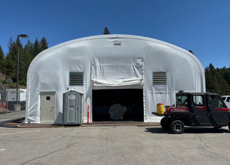 The containment shelter that houses Gate 3 after its return to Albeni Falls Dam, Oldtown, Idaho, May 12, 2025. In anticipation of its return, engineers from Seattle and Walla Walla Districts, the Inland Navigation Design Center Mandatory Center of Expertise (INDC) and AFD Operations staff completed a Fiber Reinforced Polymer (FRP) Installation certification course, April 8-10, 2025, to learn how to apply FRP to repair fatigue-induced cracks on steel structures and get it ready for service in August 2025.