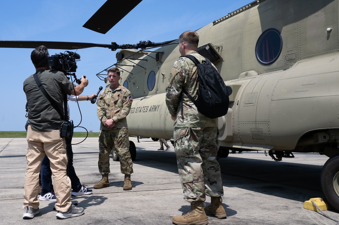 Sgt. Nathan Hartin participates in an interview during a media engagement.