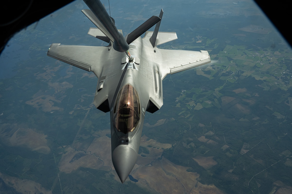 A U.S. Air Force F-35A Lightning II from the 48th Fighter Wing, RAF Lakenheath, England, receives fuel from a U.S. Air Force KC-135 Stratotanker from the 100th Air Refueling Wing, RAF Mildenhall, England, during exercise Atlantic Trident 25 over Finland, June 16, 2025.