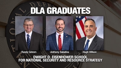 DLA Logistics Operations employees Randy Grimm, Anthony Sabatina and Hugh Wilson each earned a Master of Science in National Resource Strategy from the National Defense University on June 12.