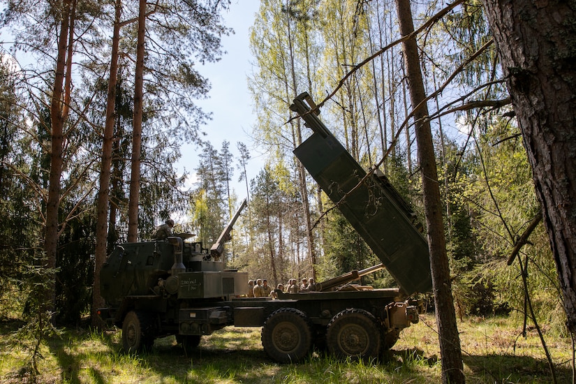 A U.S. Army M142 High Mobility Artillery Rocket System assigned to Able Battery, 3rd Battalion, 321st Field Artillery Regiment supporting Task Force Voit, engages in a fire mission during Exercise Hedgehog near Võru, Estonia, May 13, 2025. Exercise Hedgehog, Estonia's largest military exercise, includes over 16,000 Estonian and allied troops training to plan and execute operations that enhance interoperability and readiness across NATO. Long-range artillery, armored tanks, and aircraft are V-Corps’ cornerstone warfighting capabilities that enable the Corps to remain lethal and agile along NATO’s Eastern Flank. (U.S. Army photo by Spc. Rachel Hall)