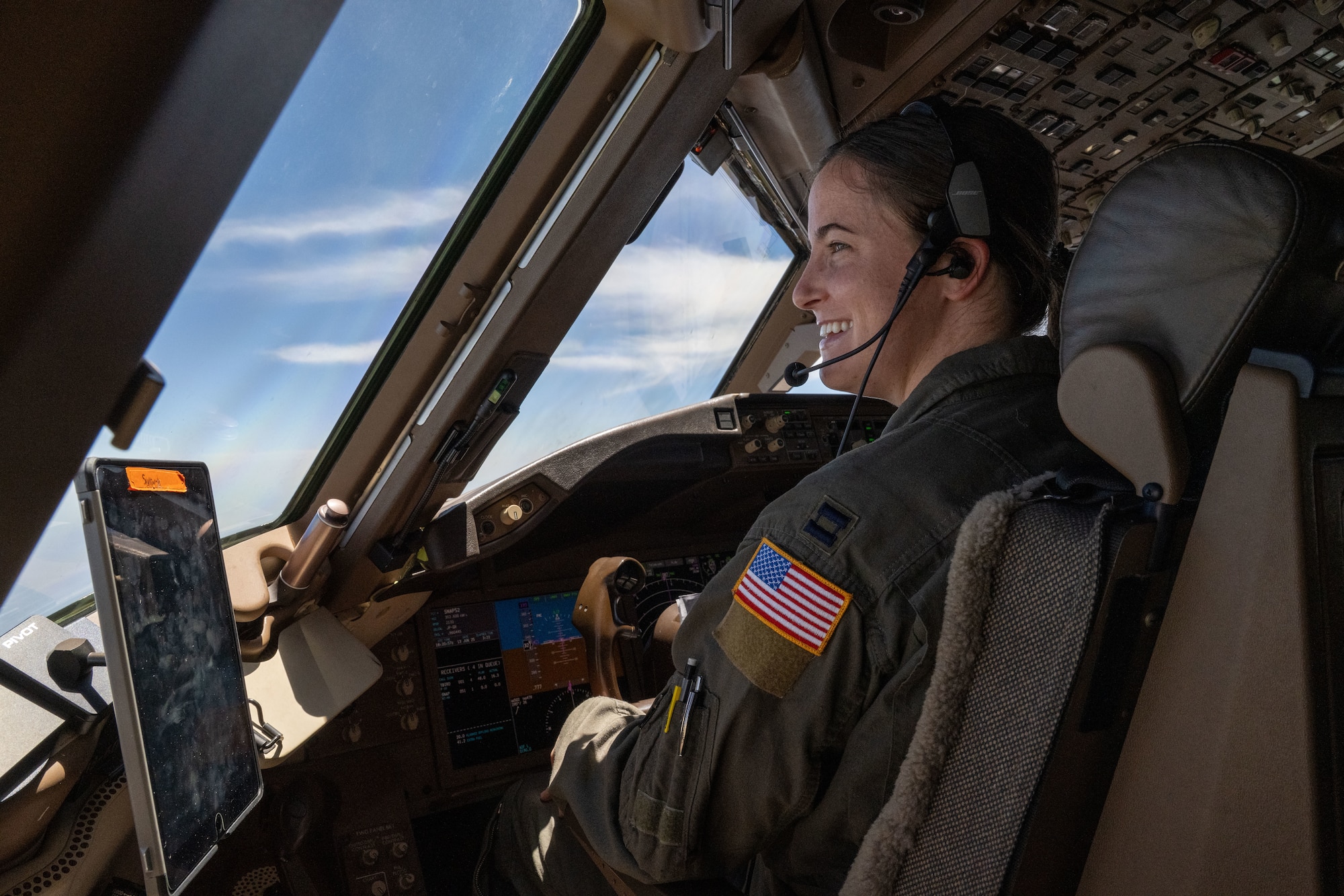 Capt. Elizabeth "Sully" Brakefield, 344th Air Refueling Squadron KC-46A Pegasus pilot, flies a KC-46 over the U.S., June 13, 2025. Brakefield is a U.S. Air Force Academy graduate. (U.S. Air Force photo by Airman 1st Class Paula Arce)
