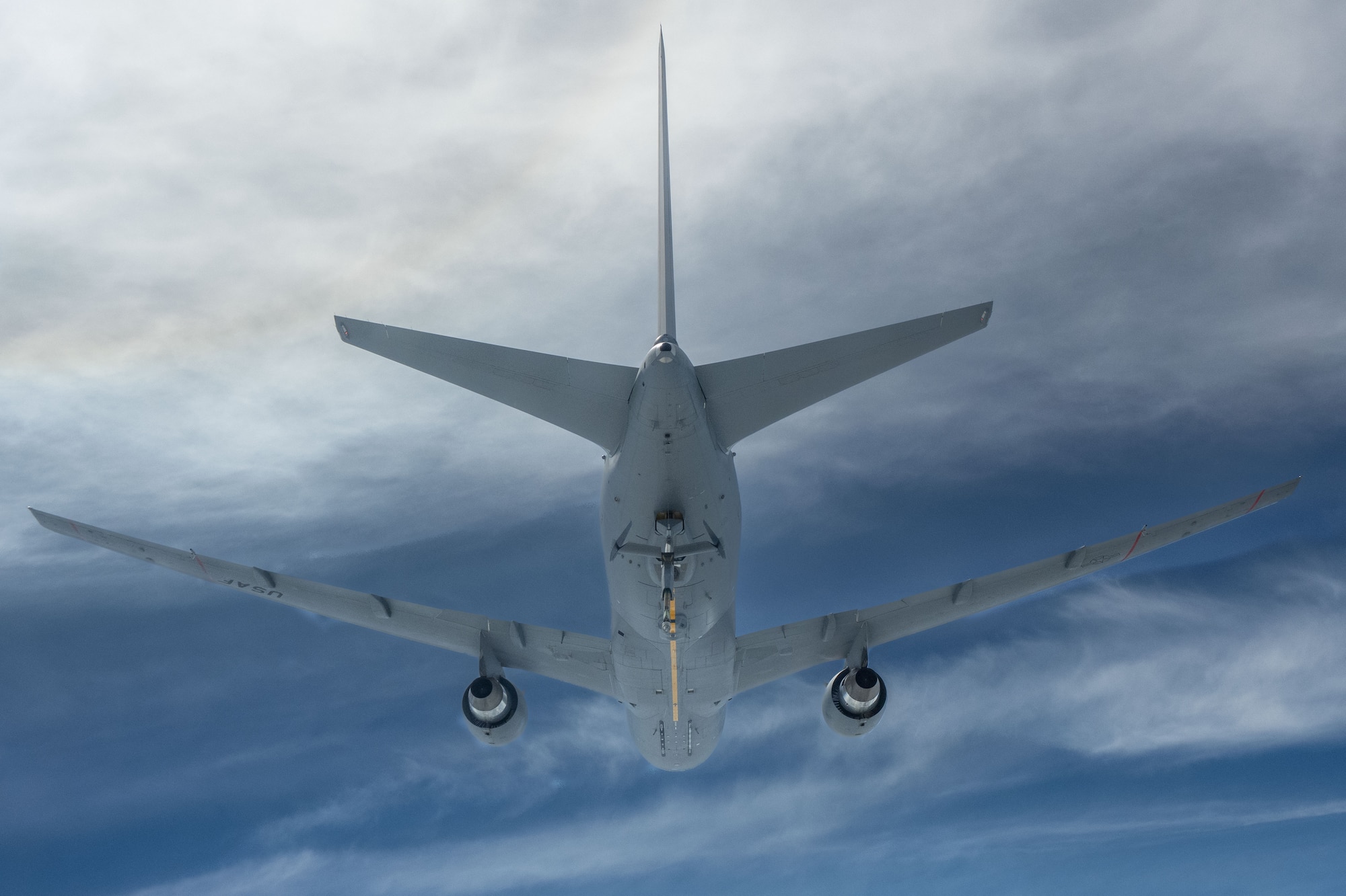 A KC-46A Pegasus assigned to McConnell Air Force Base prepares to refuel a KC-46 over the U.S., June 13, 2025. The KC-46’s refueling boom can refuel most fixed-wing, receiver-capable aircraft. (U.S. Air Force photo by Airman 1st Class Paula Arce)