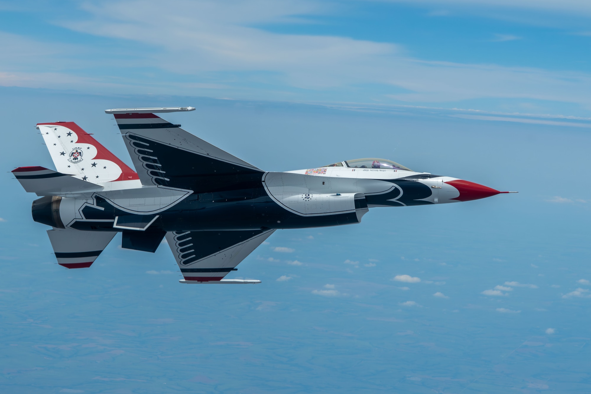 A U.S. Air Force Air Demonstration Squadron "Thunderbirds" waits to be refueled by a KC-46A Pegasus assigned to McConnell Air Force Base, Kansas, over the U.S., June 13, 2025. The KC-46 crew offloaded approximately 75,000 pounds of fuel to the Thunderbirds. (U.S. Air Force photo by Airman 1st Class Paula Arce)