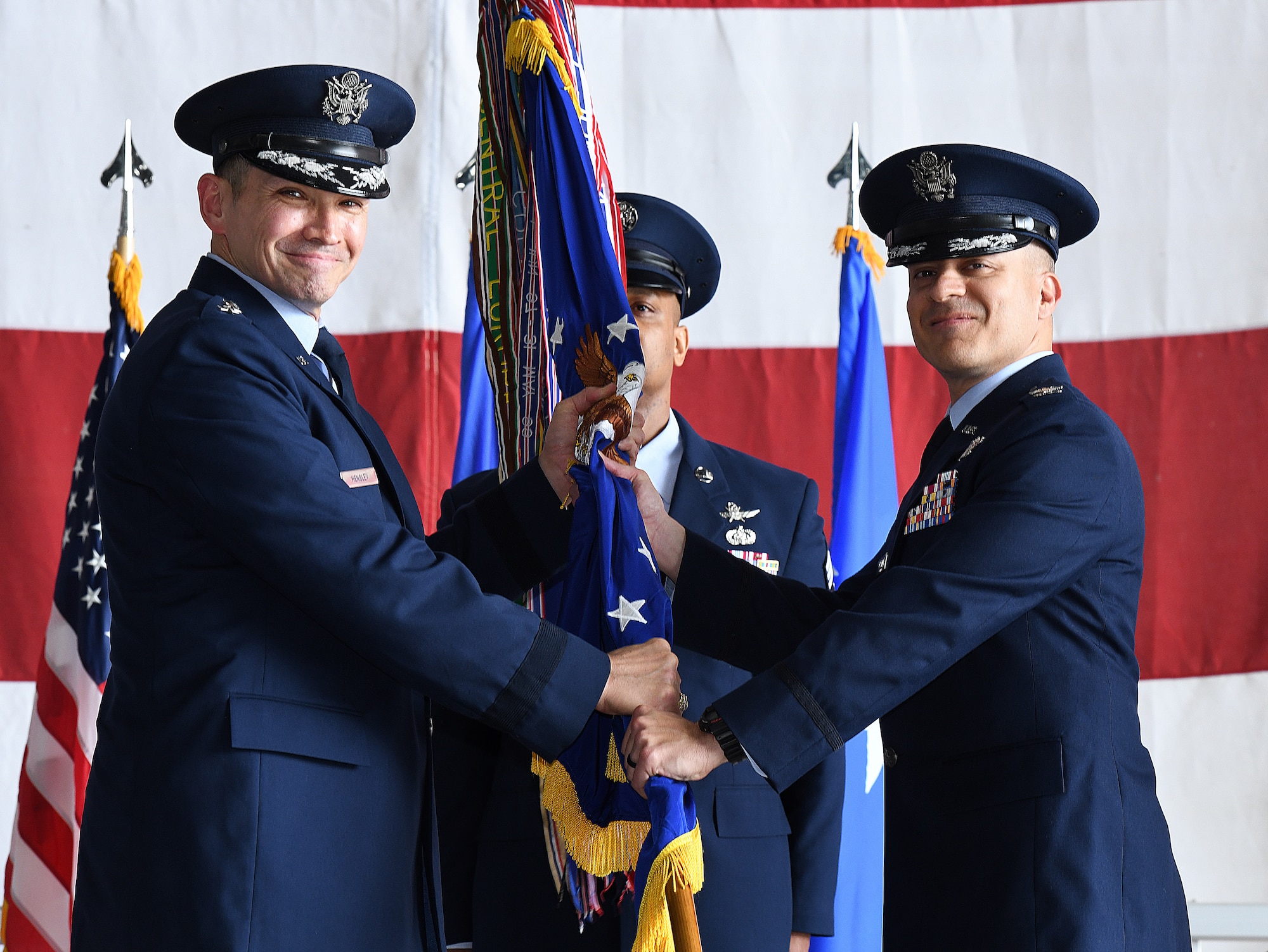 Air Force Lt. Gen gives 55th Wing guidon to Air Force Col.