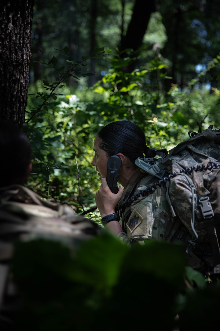 Sgt. Danielle Gregory, a combat engineer assigned to Bravo Company, 545th Brigade Engineer Battalion, Oklahoma Army National Guard, operates a radio during Light Leaders Course on June 8, 2025 at Camp Gruber Training Center, Oklahoma. Light Leaders Course is an intensive, leadership development program designed to sharpen small unit tactics and develop agile, adaptable and deployment-ready combat leaders. (Oklahoma National Guard photo by Spc. Cambrie Cannon)