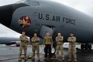 U.S. Air Force Airmen assigned to the 100th Aircraft Maintenance Squadron pose for a photo during exercise Atlantic Trident 25 at Rovaniemi Air Base, Finland, June 17, 2025.