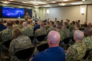 Gen. Stephen Whiting, U.S. Space Command commander, speaks to approximately 40 fellows from National Defense University’s Keystone course in Colorado Springs, Colorado, June 9, 2025. During his remarks, Whiting emphasized the vital role of NCOs as the backbone of the military. He addressed the senior enlisted leaders–serving or preparing to serve at the general of flag officer level–and briefed them on USSPACECOM’s mission and capabilities to enhance joint warfighting effectiveness. USSPACECOM works with senior leaders across the Department of Defense and our allies to foster a warfighting culture and promote professional growth, which is instrumental to the rapidly advancing capabilities of the Joint Force.