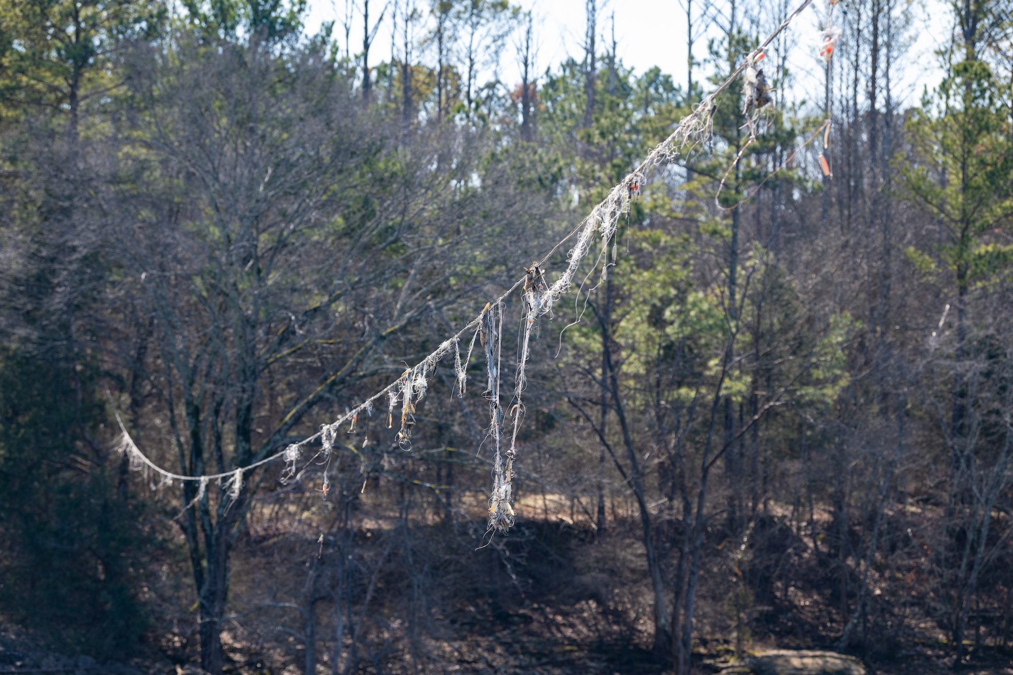 Fishing line hangs from a utility line crossing the Elk River at the Elk River Dam on Arnold Air Force Base, Tenn. Jan. 28, 2025. Work is set to soon begin to prevent public access to the dam structure through the installation of security fencing around the downstream training walls. The effort is to ensure property security and safety in the area. The river will still be accessible to recreationalists for fishing and other activities. (U.S. Air Force photo by Keith Thornburgh)