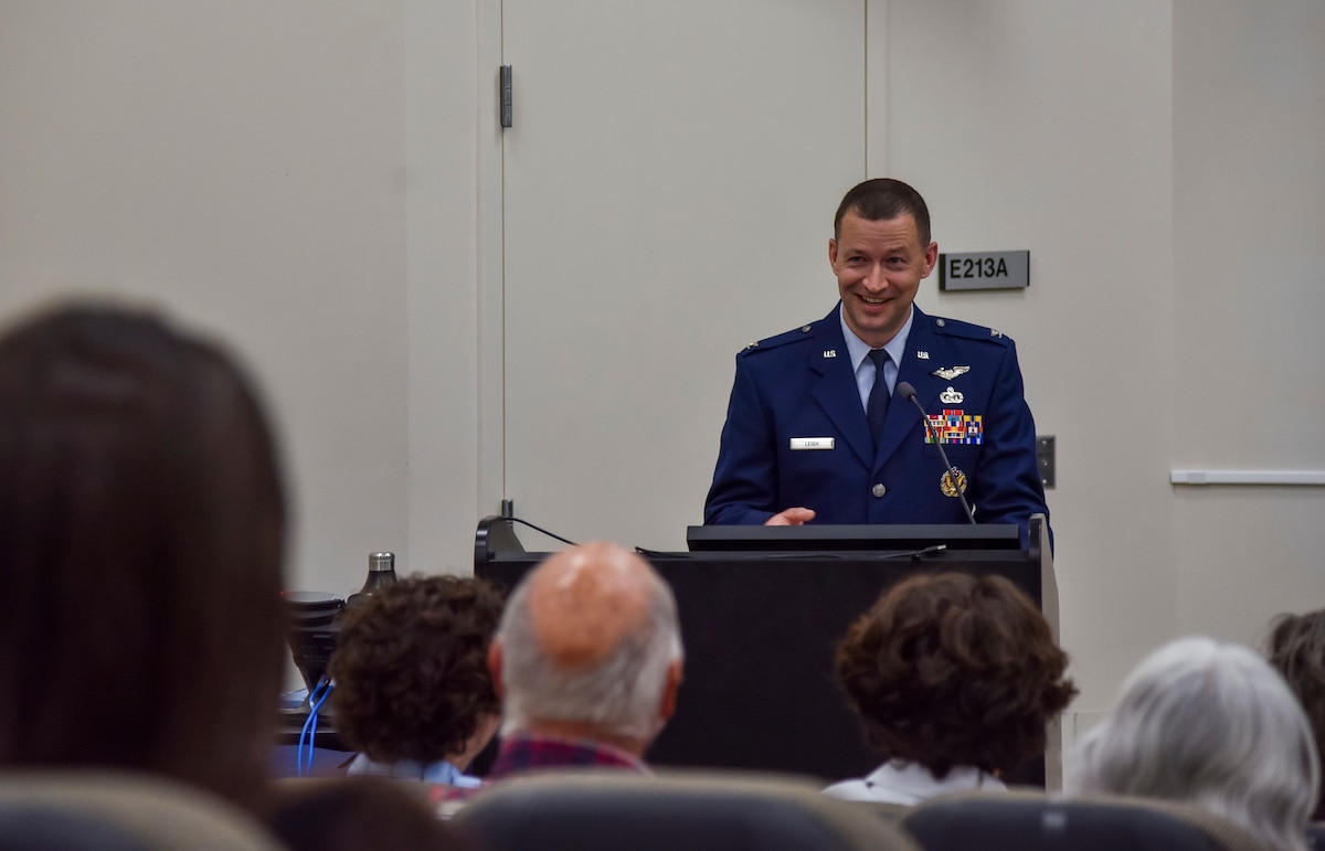 U.S. Air Force Col. Elliott Leigh, outgoing AFWERX director, speaks during a change of leadership ceremony at Wright-Patterson Air Force Base, Ohio, June 17, 2025.