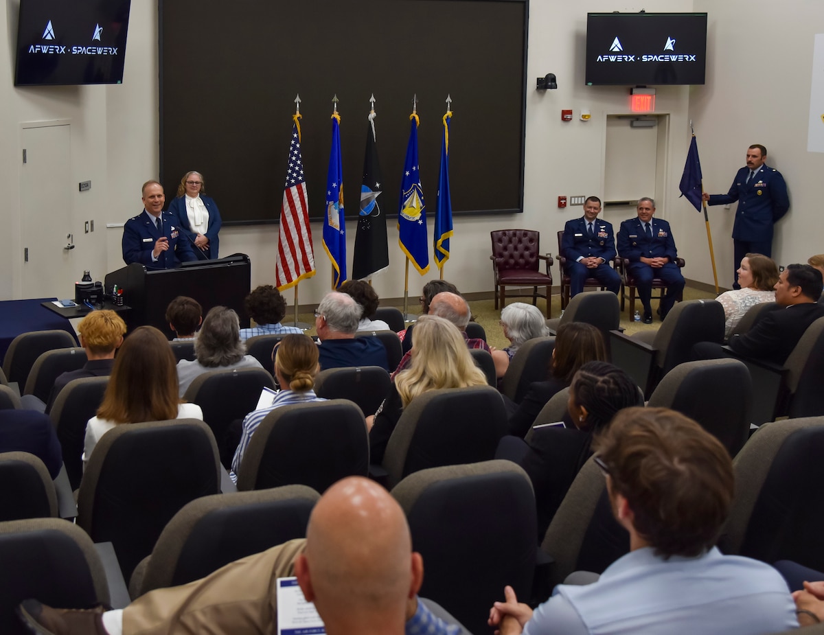 U.S. Air Force Brig. Gen. Jason Bartolomei, Air Force Research Laboratory commander and the Department of the Air Force’s technology executive officer, speaks at the AFWERX change of leadership ceremony at Wright-Patterson Air Force Base, Ohio, June 17, 2025.