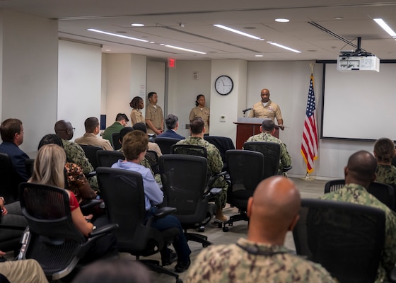 250617-N-IX644-1036 (June 17, 2025) FALLS CHURCH, Va. Master Chief Hospital Corpsman Hansen Lafoucade, Deputy Director of the Hospital Corps, speaks about what it means to be a hospital corpsman during a celebration for the 127th birthday of the Navy Medicine Hospital Corps at the Defense Health Headquarters, June 17. The Navy Hospital Corps is comprised of more than 26,000 active duty and reserve Hospital Corpsmen that are practicing or training in 40 technical specialties. Hospital Corpsmen are enlisted medical sailors who serve on the frontlines with our operators - whether embedded in Marine units, serving at MTFs, or aboard submarines and surface ships as Independent Duty Corpsmen. (U.S. Navy photo by Mass Communication Specialist 2nd Class Sasha Ambrose)