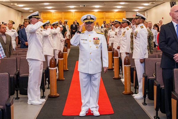 250617-N-KC192-1007 PORTSMOUTH, Va. (June 17, 2025) Rear Adm. Robert Hawkins, commander, Naval Medical Forces Atlantic (NMFL), arrives as a member of the official party following the NMFL change of command ceremony aboard Naval Medical Center Portsmouth at Naval Support Activity Hampton Roads – Portsmouth Annex. Hawkins assumed command from Rear Adm. Kevin Brown and also became Director, Defense Health Network – Atlantic. (U.S. Navy photo by Mass Communication Specialist 2nd Class Levi Decker)
