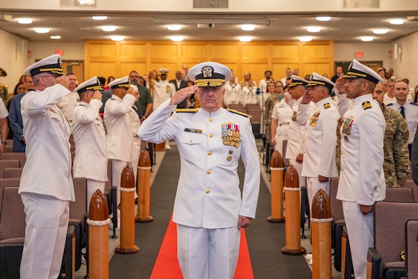 250617-N-KC192-1020 PORTSMOUTH, Va. (June 17, 2025) Rear Adm. Darin K. Via, Navy Surgeon General, arrives as a member of the official party during a change of command ceremony held on board Hampton Roads - Portsmouth Annex, June 17, 2025. During the ceremony, Rear Adm. Kevin Brown was relieved by Rear Adm. Robert Hawkins, after serving as the commander, Naval Medical Forces Atlantic and director of Defense Health Network - Atlantic. (U.S. Navy photo by Mass Communication Specialist 2nd Class Levi Decker)