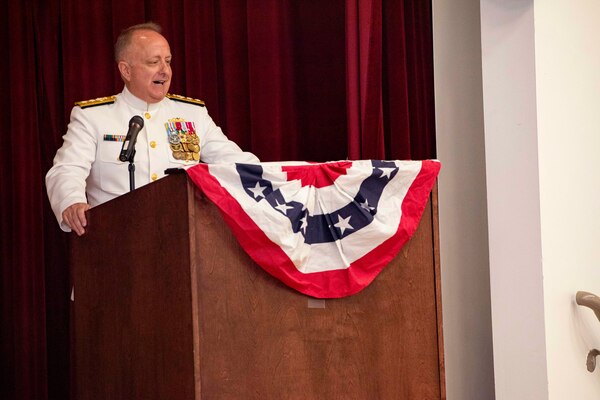 250617-N-KC192-1038 PORTSMOUTH, Va. (June 17, 2025) Rear Adm. Darin K. Via, Navy Surgeon General, the presiding officer and guest speaker, gives remarks during a change of command ceremony held on board Hampton Roads - Portsmouth Annex, June 17, 2025. During the ceremony, Rear Adm. Kevin Brown was relieved by Rear Adm. Robert Hawkins, after serving as the commander, Naval Medical Forces Atlantic and director of Defense Health Network - Atlantic. (U.S. Navy photo by Mass Communication Specialist 2nd Class Levi Decker)