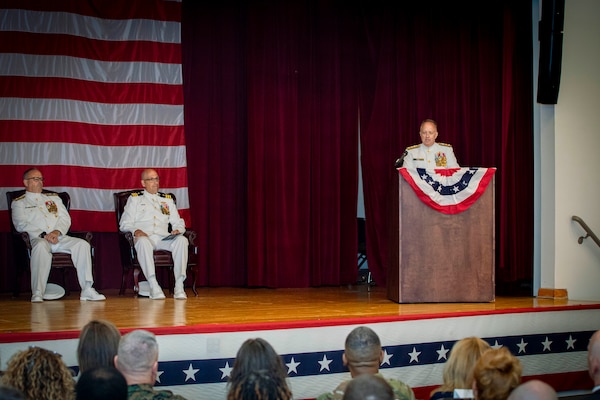 250617-N-KC192-1048 PORTSMOUTH, Va. (June 17, 2025) Rear Adm. Darin K. Via, Navy Surgeon General, the presiding officer and guest speaker, gives remarks during a change of command ceremony held on board Hampton Roads - Portsmouth Annex, June 17, 2025. During the ceremony, Rear Adm. Kevin Brown was relieved by Rear Adm. Robert Hawkins, after serving as the commander, Naval Medical Forces Atlantic and director of Defense Health Network - Atlantic.  (U.S. Navy photo by Mass Communication Specialist 2nd Class Levi Decker)