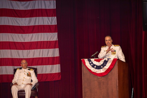 250617-N-KC192-1073 PORTSMOUTH, Va. (June 17, 2025) Rear Adm. Kevin Brown, former commander, Naval Medical Forces Atlantic (NMFL), gives remarks during a change of command ceremony held on board Hampton Roads - Portsmouth Annex, June 17, 2025. During the ceremony, Brown was relieved by Rear Adm. Robert Hawkins, who will take over as commander, Naval Medical Forces Atlantic and director of Defense Health Network - Atlantic. (U.S. Navy photo by Mass Communication Specialist 2nd Class Levi Decker)