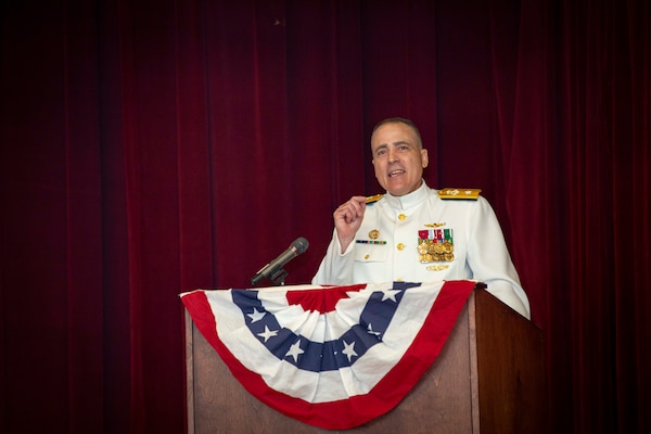 250617-N-KC192-1098 PORTSMOUTH, Va. (June 17, 2025) Rear Adm. Kevin Brown, former commander, Naval Medical Forces Atlantic (NMFL), gives remarks during a change of command ceremony held on board Hampton Roads - Portsmouth Annex, June 17, 2025. During the ceremony, Brown was relieved by Rear Adm. Robert Hawkins, who will take over as commander, Naval Medical Forces Atlantic and director of Defense Health Network - Atlantic. (U.S. Navy photo by Mass Communication Specialist 2nd Class Levi Decker)