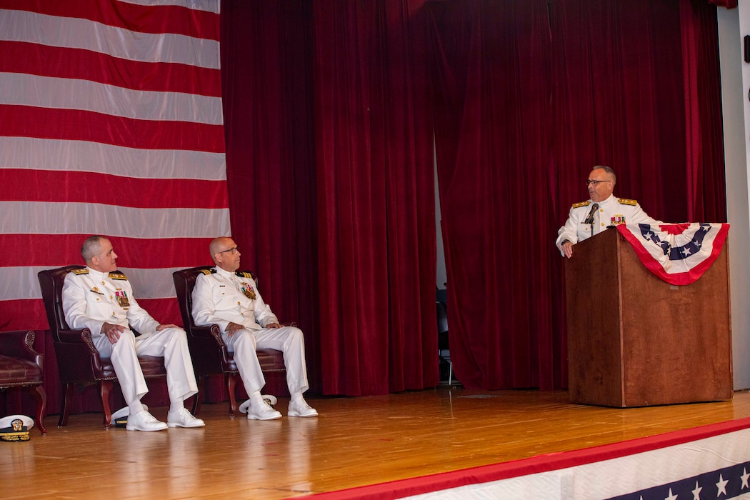 250617-N-KC192-1134 PORTSMOUTH, Va. (June 17, 2025) Rear Adm. Robert Hawkins, commander, Naval Medical Forces Atlantic (NMFL), gives remarks during a change of command ceremony held on board Hampton Roads - Portsmouth Annex, June 17, 2025. Hawkins relieved Rear Adm. Kevin Brown and will take over as commander, Naval Medical Forces Atlantic, and the director of Defense Health Network - Atlantic. (U.S. Navy photo by Mass Communication Specialist 2nd Class Levi Decker)