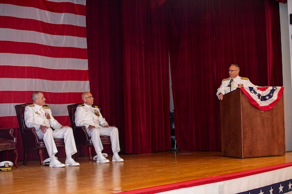 250617-N-KC192-1134 PORTSMOUTH, Va. (June 17, 2025) Rear Adm. Robert Hawkins, commander, Naval Medical Forces Atlantic (NMFL), gives remarks during a change of command ceremony held on board Hampton Roads - Portsmouth Annex, June 17, 2025. Hawkins relieved Rear Adm. Kevin Brown and will take over as commander, Naval Medical Forces Atlantic, and the director of Defense Health Network - Atlantic. (U.S. Navy photo by Mass Communication Specialist 2nd Class Levi Decker)